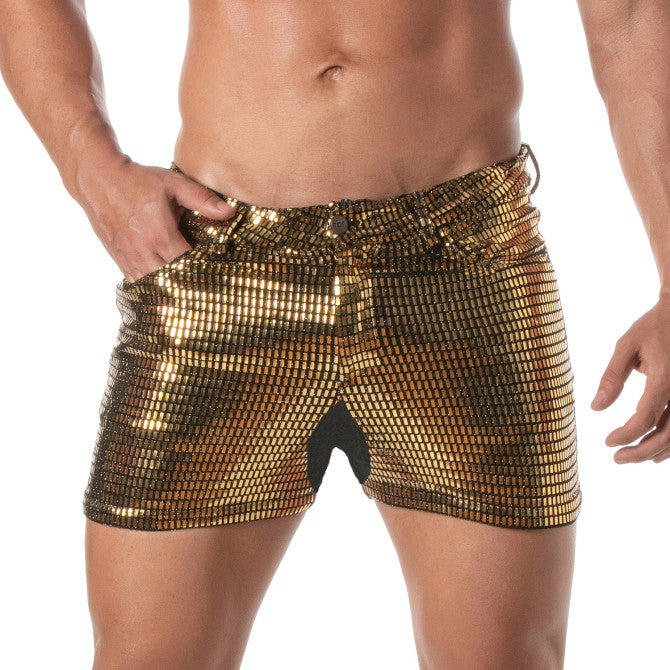 Glitter 5 Pockets Mid Thigh Shorts Gold