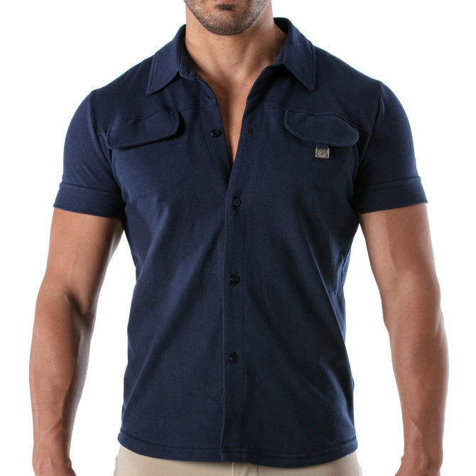 Piqué Cotton Shirt - Navy